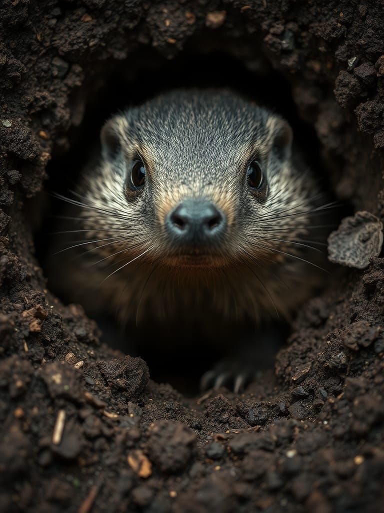 European Mole Squinting From Hole in Ground
