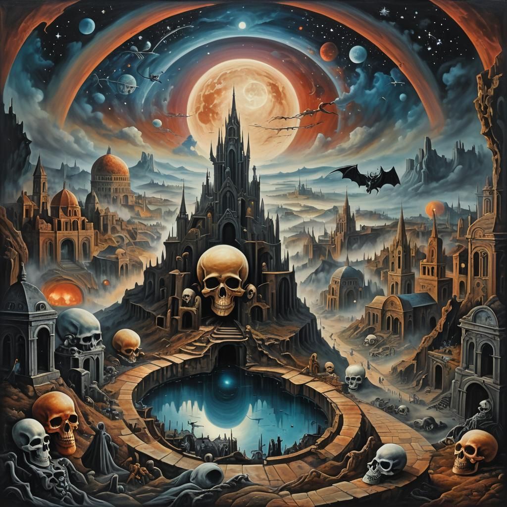 Apocalyptic Medieval City in Surrealist Oil Painting Style