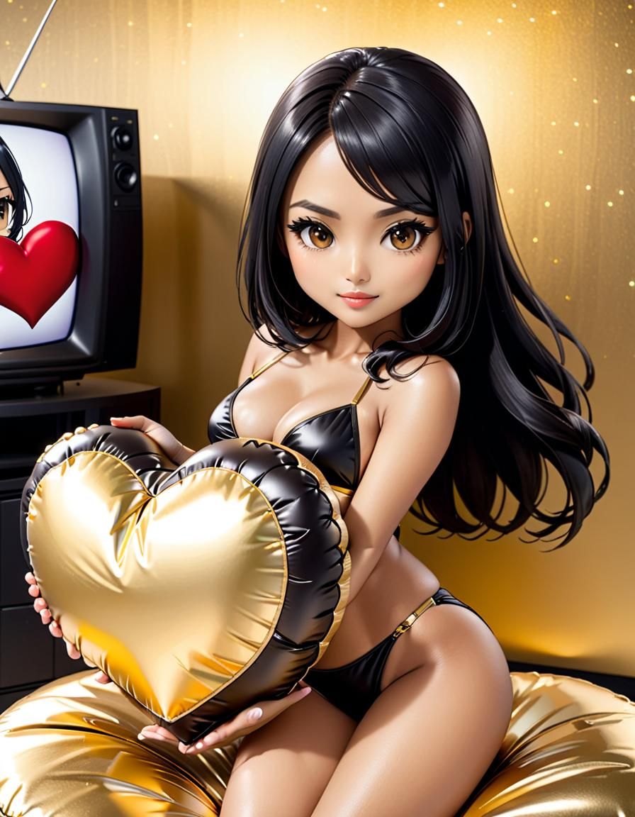 Chibi Indonesian Woman with Heart Cushion
