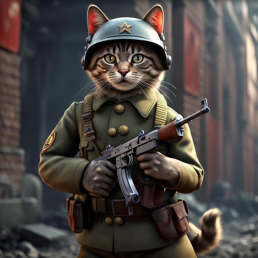 Soviet cat soldier, ww2, holding ppsh-41 submachine gun, helmet
