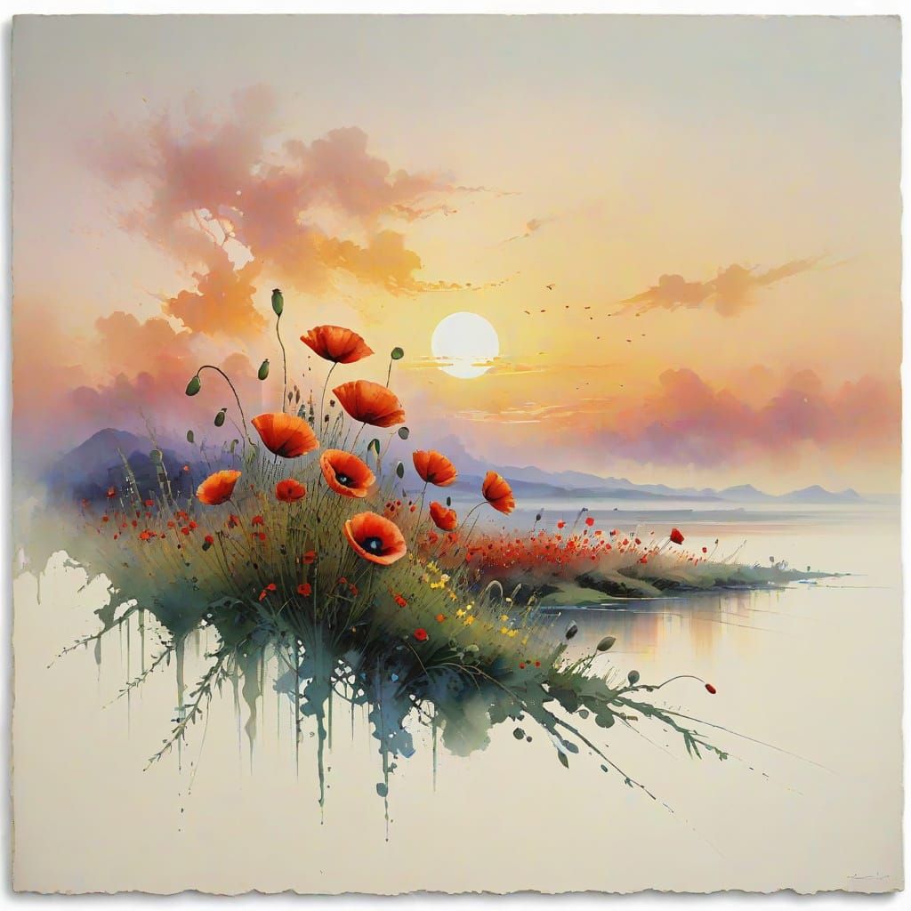 Crimson Poppy Field at Sunrise in Ethereal Style