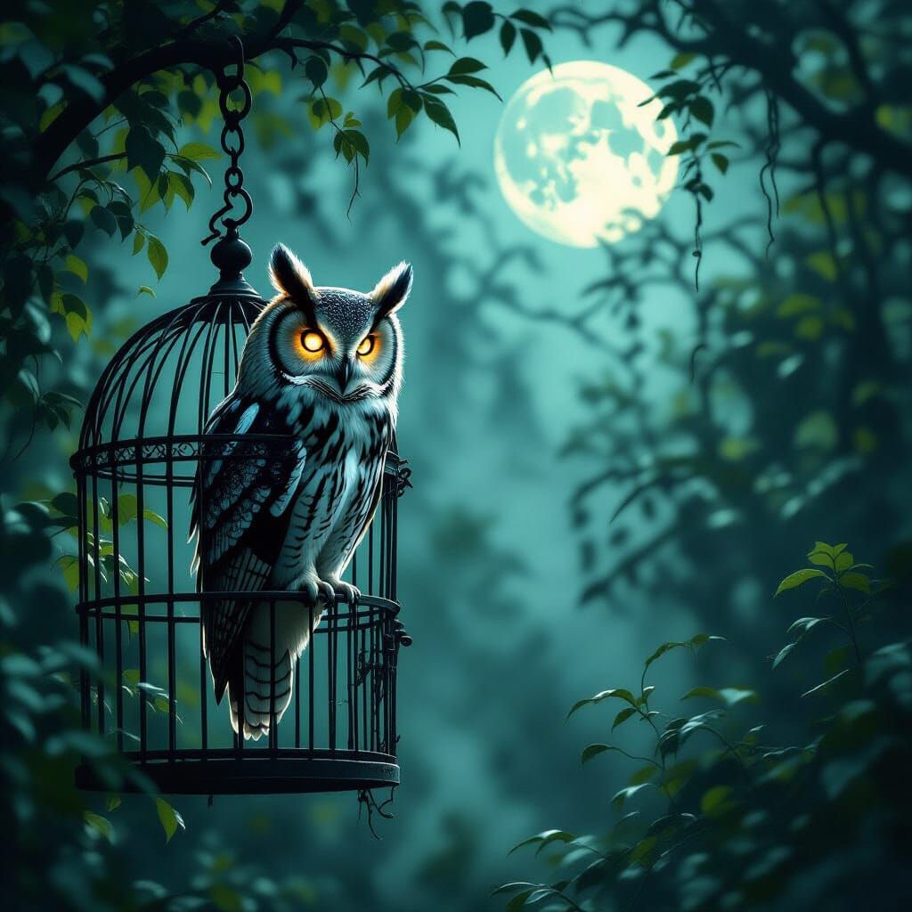 Ancient Owl in Moonlit Gothic Garden