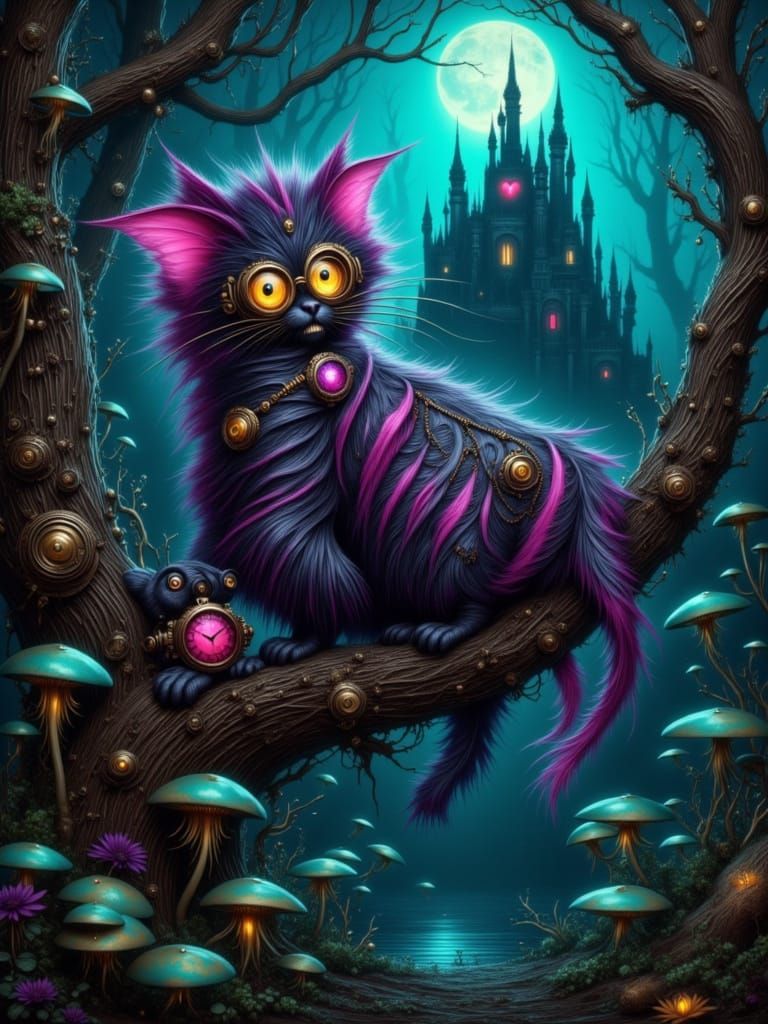Steampunk Cat with Sharp Teeth in Gloomy Forest