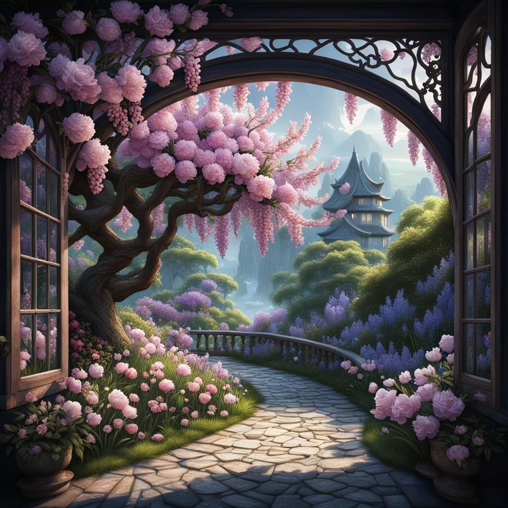 Winding Walkway Through Blossoming Garden: Matte Painting