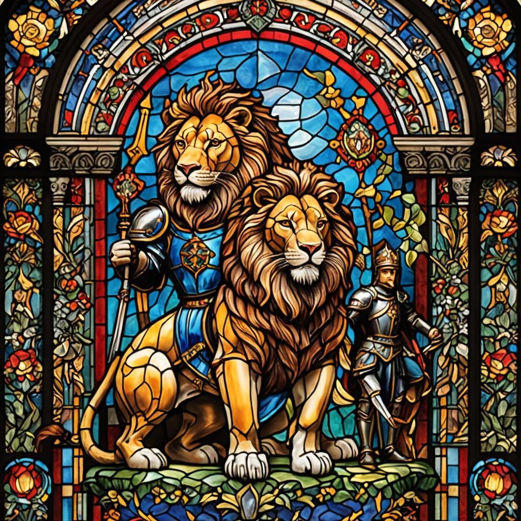 Stained Glass: Lion and Knight in Vibrant Colors