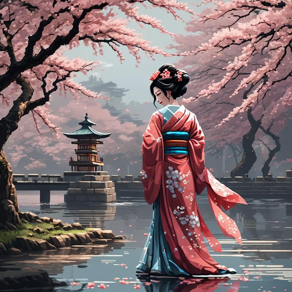 Pixel Art Geisha with Cherry Blossoms