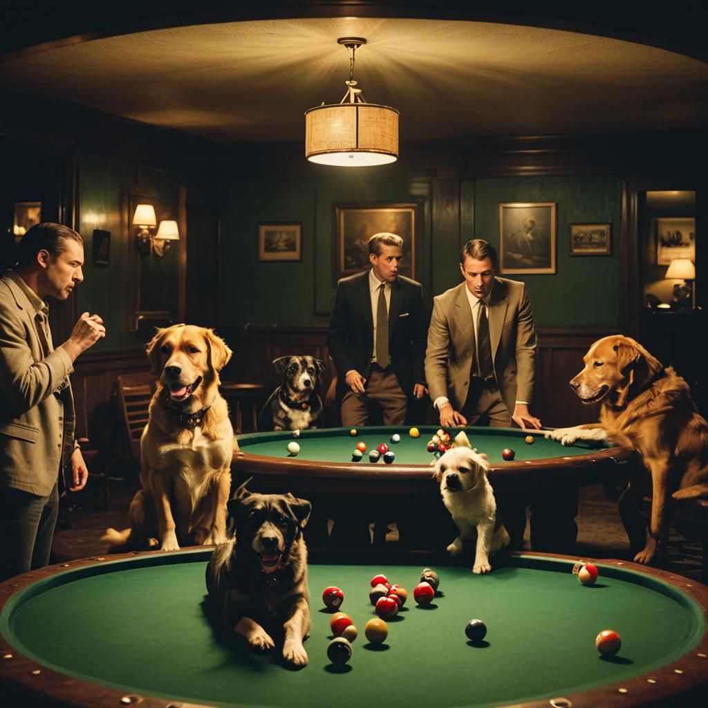 Dogs Playing Pool in a Moody Cinematic Style