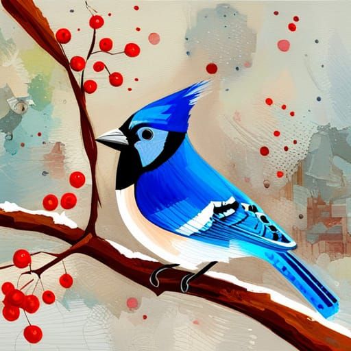 Blue Jay and Cardinal in Winter Trees as Gouache Painting