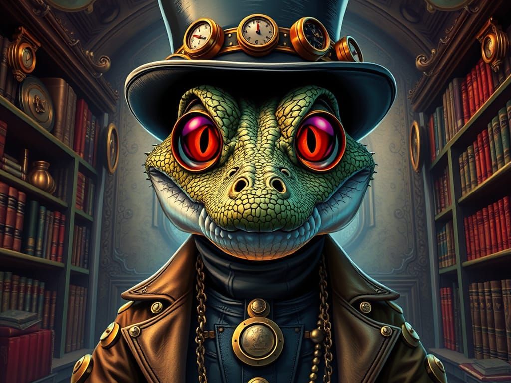 Steampunk Alligator in Elegant Library Attire