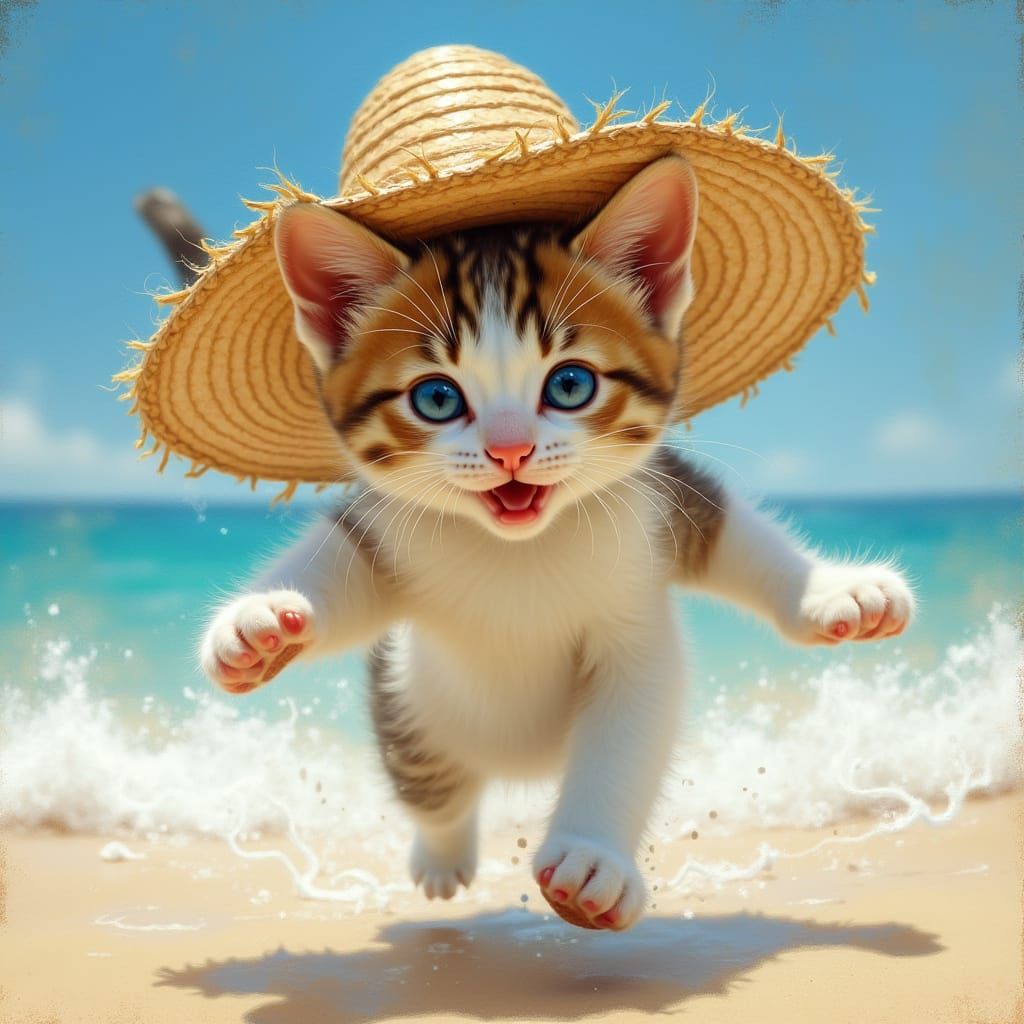 Cute Kitten in Straw Hat Flees Ocean Waves
