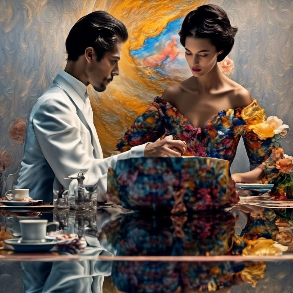 Polychromatic Alien at Table: Detailed Matte Painting