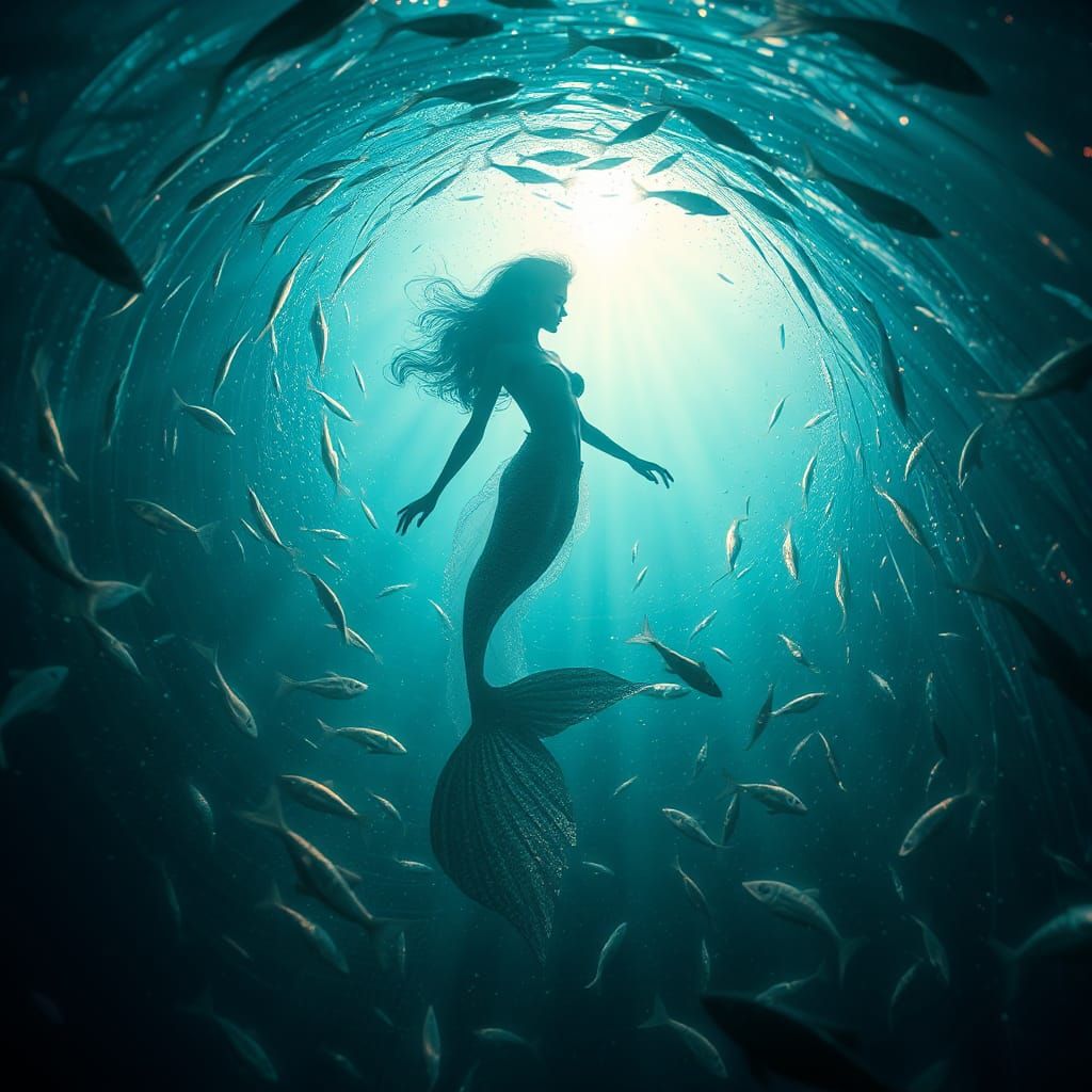 Ethereal Mermaid Silhouette in Underwater Fantasy Art