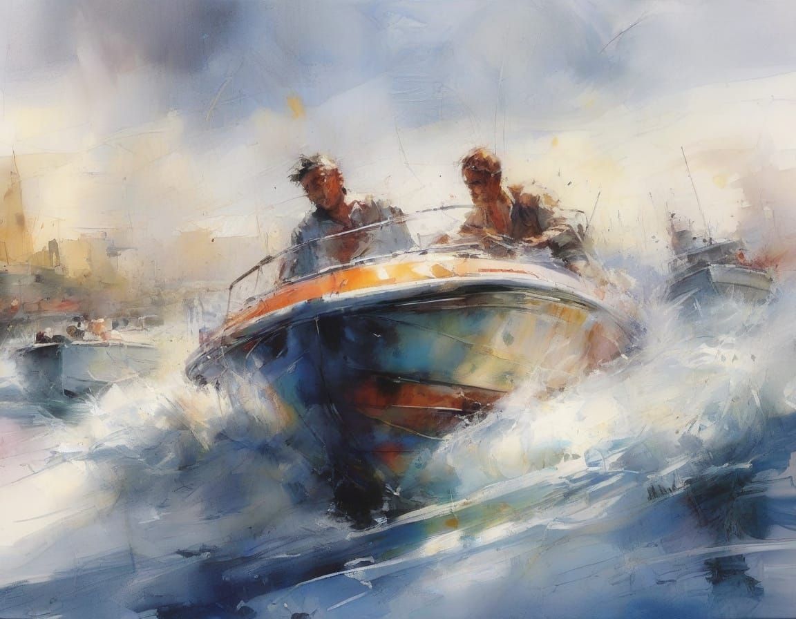 Speed Boat Race in Expressive Watercolour Style