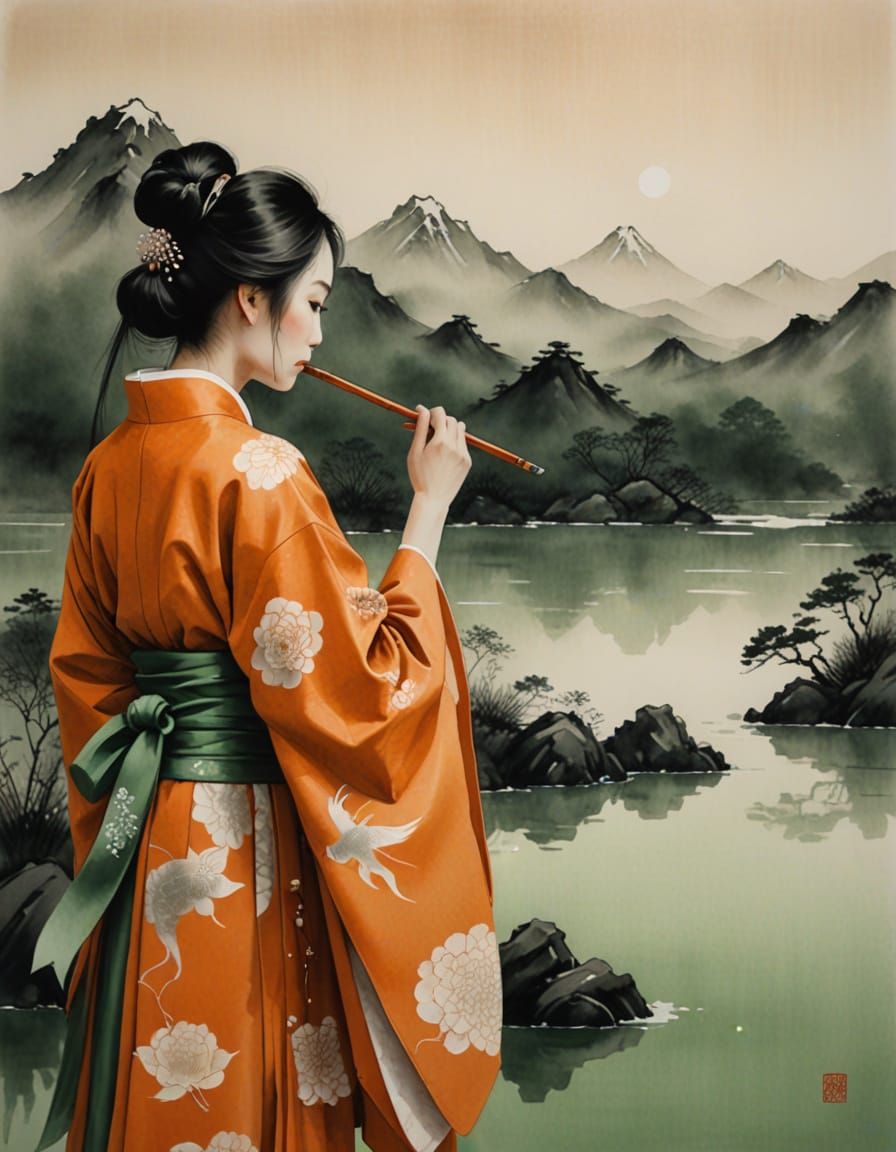 Woman in Hanfu on Koi: East Asian Sumi Painting