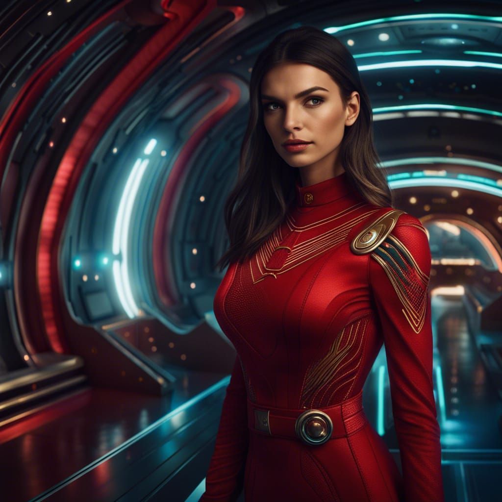 Curvaceous Woman in Star Trek Dress on Spaceship