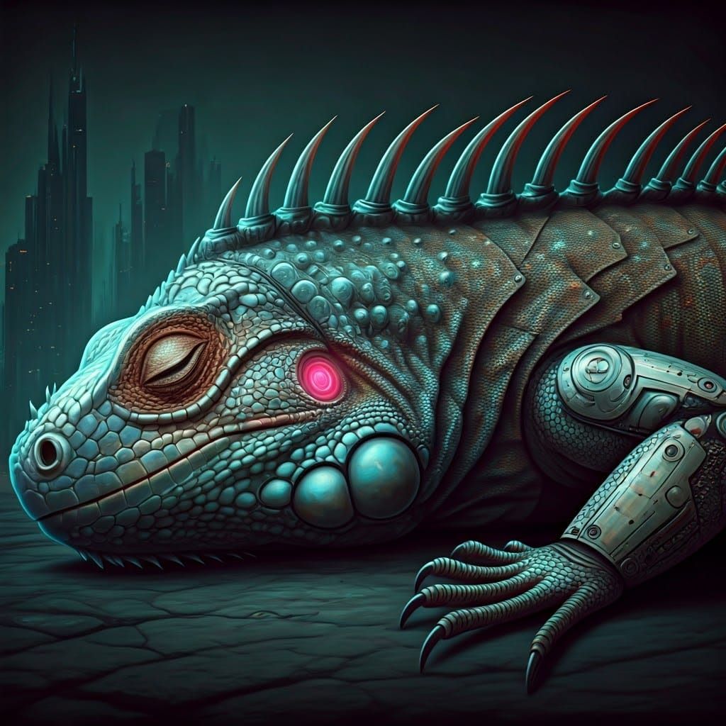 Cyborg Iguana in Futuristic Cityscape, Digital Art