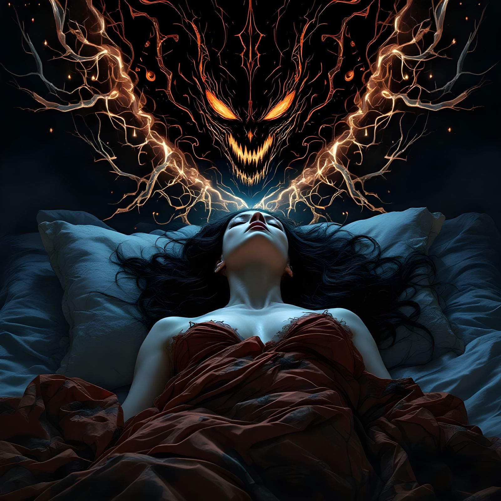 Sinister Presence Above Sleeping Woman, Digital Art