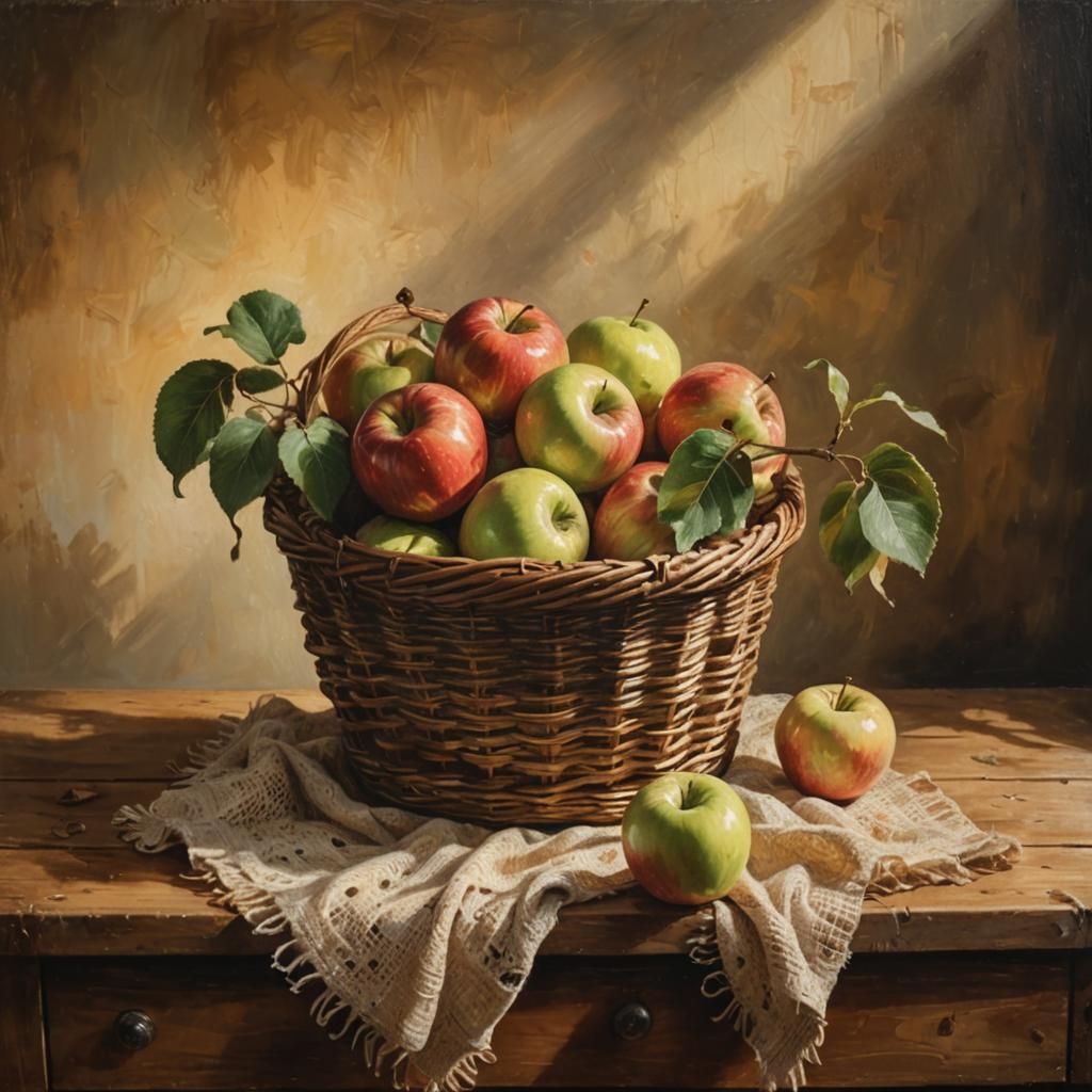 Still Life: Apples in Basket, Oil Painting