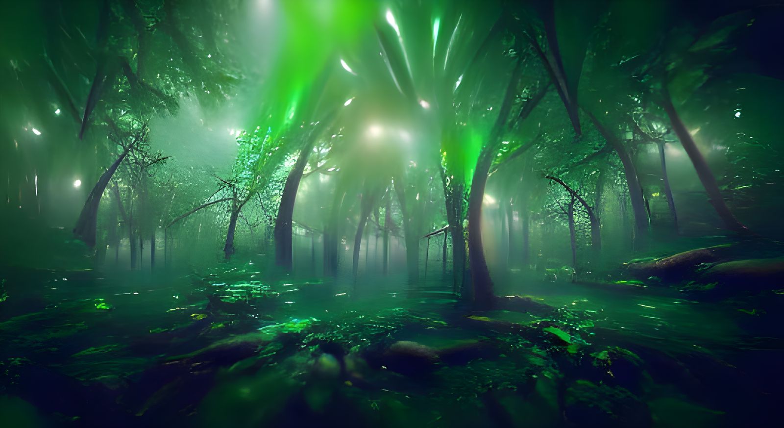 Eerie Green Mist Forest, Digital Illustration