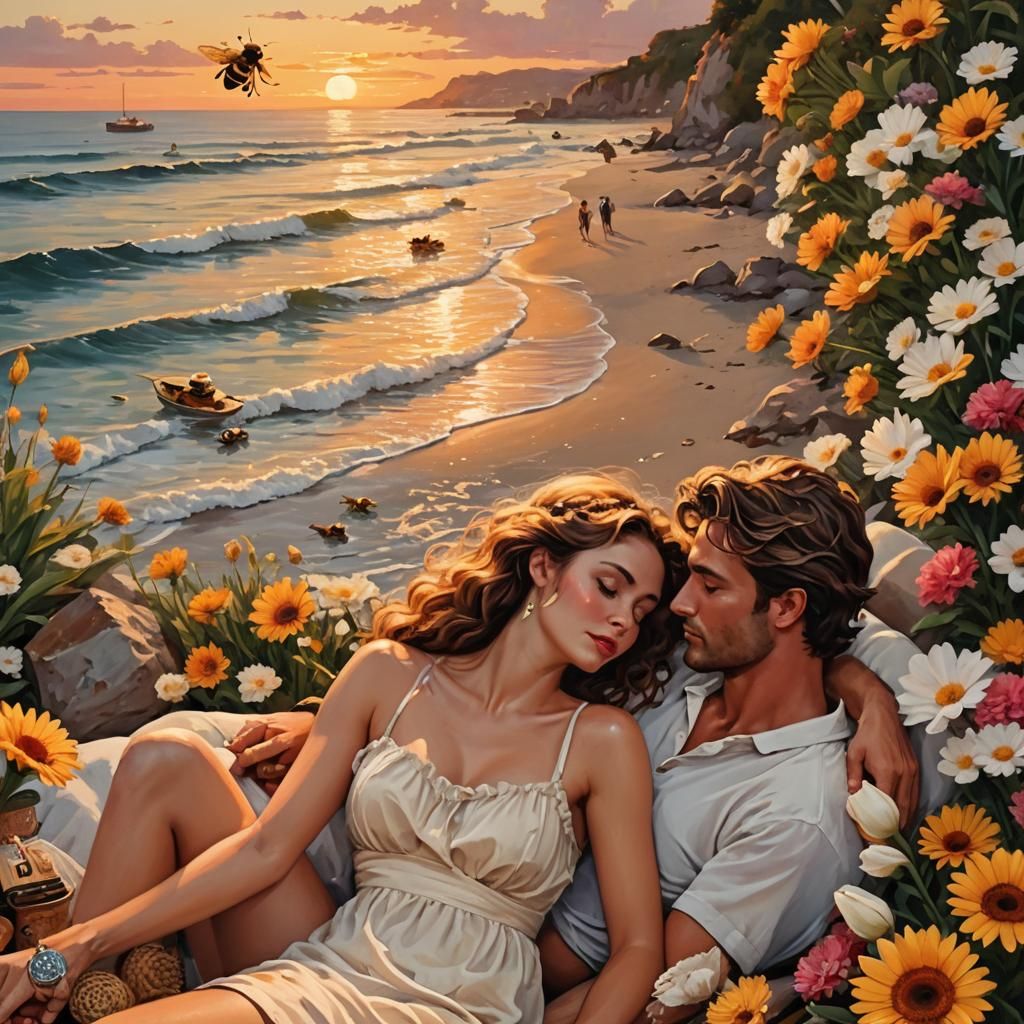 Romantic Couple Enjoying Summer Sunset on Beach