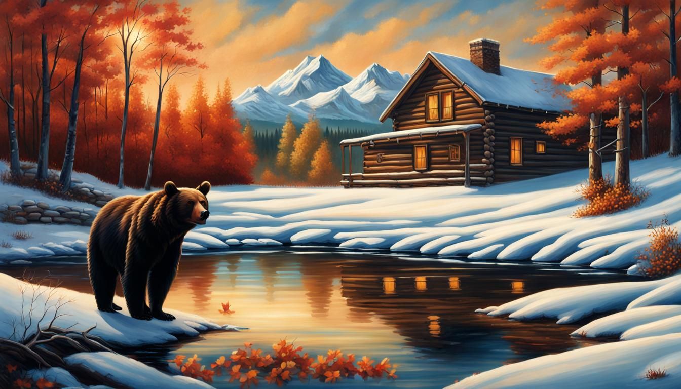 Winter Landscape with Bear, Terry Redlin Style
