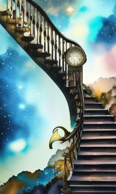 Spectacular Staircase to Cosmic Nebula, Photorealistic Mixed...