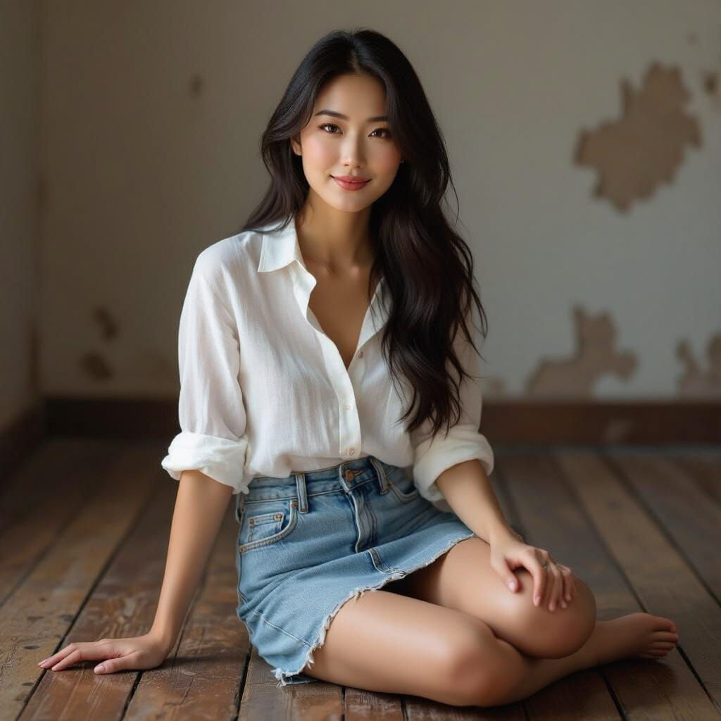 Serene Woman in White Blouse, Dreamy Art Style