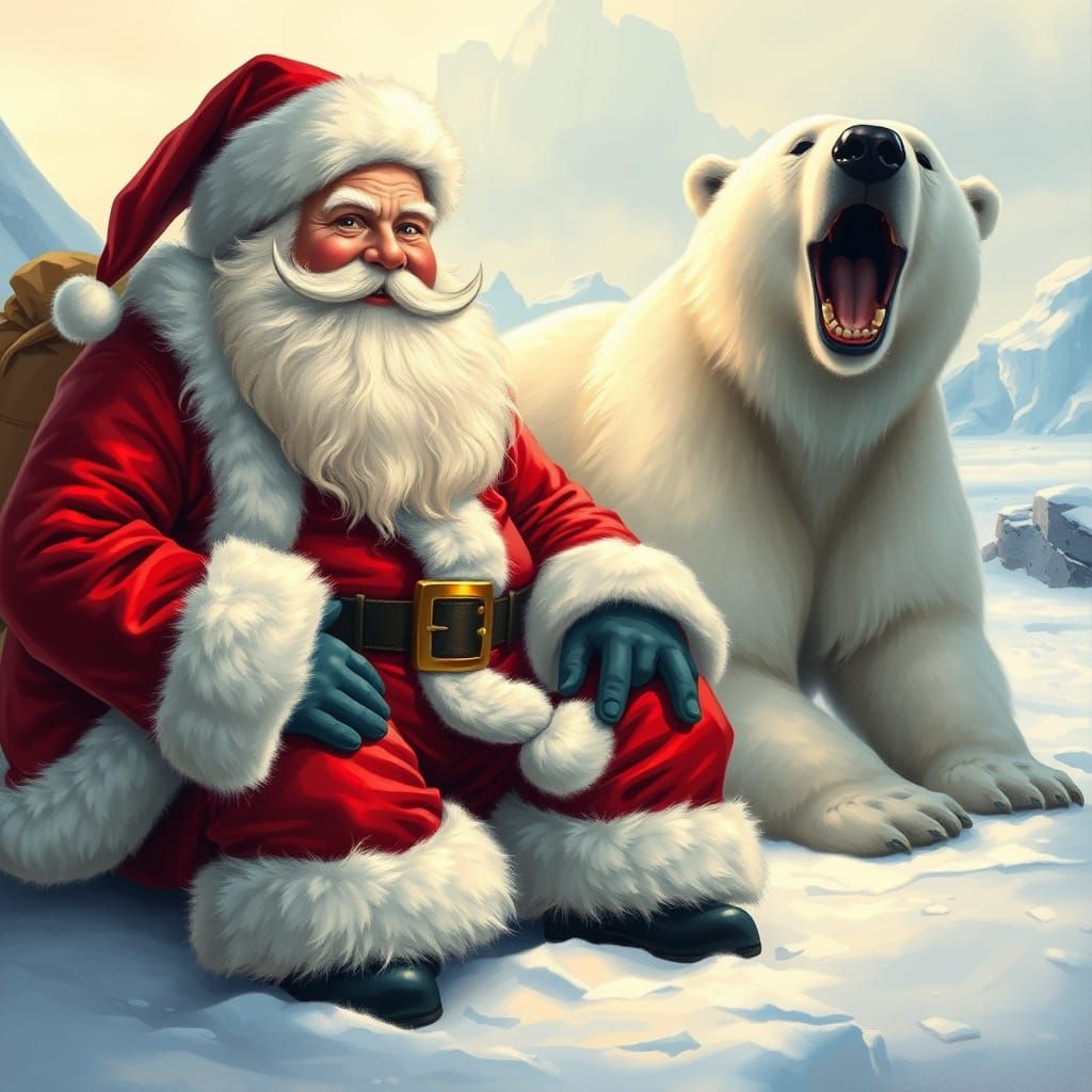 Jovial Santa Claus with Polar Bear in Arctic Wonderland