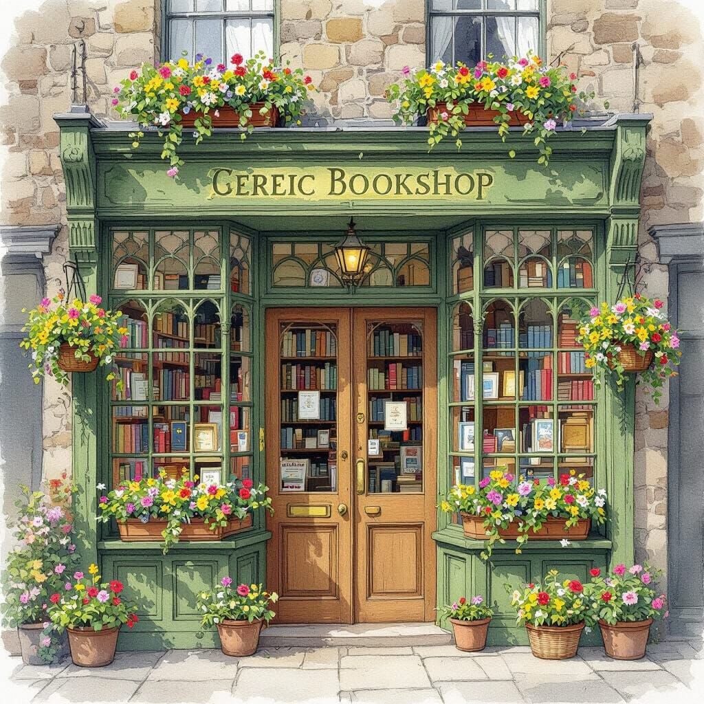 Cozy Vintage Bookshop Facade in Whimsical Watercolor Style