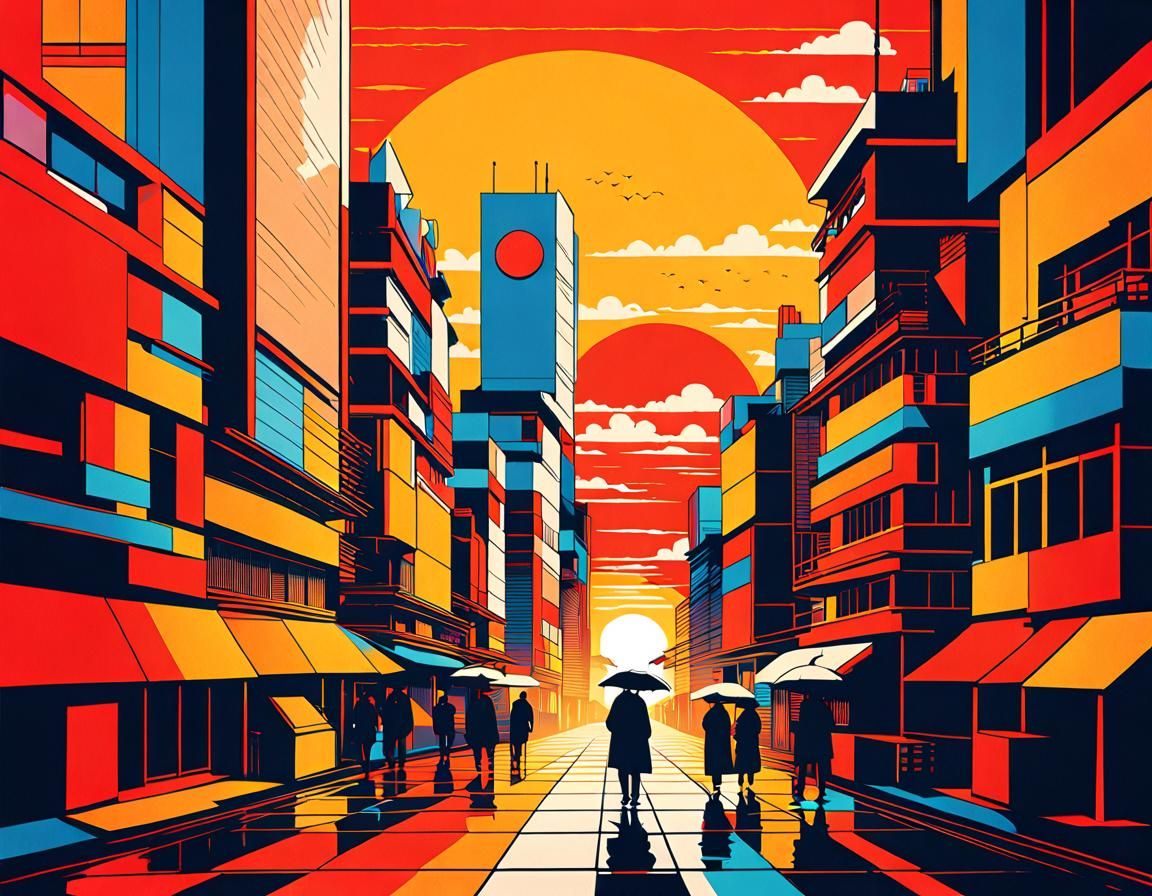 Tokyo Sunset in Pop Art Style: Digital Screen Print