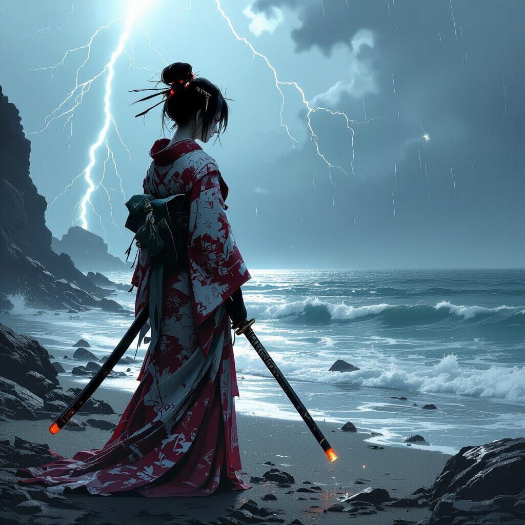 Cybernetic Geisha on Stormy Beach in Noir Style