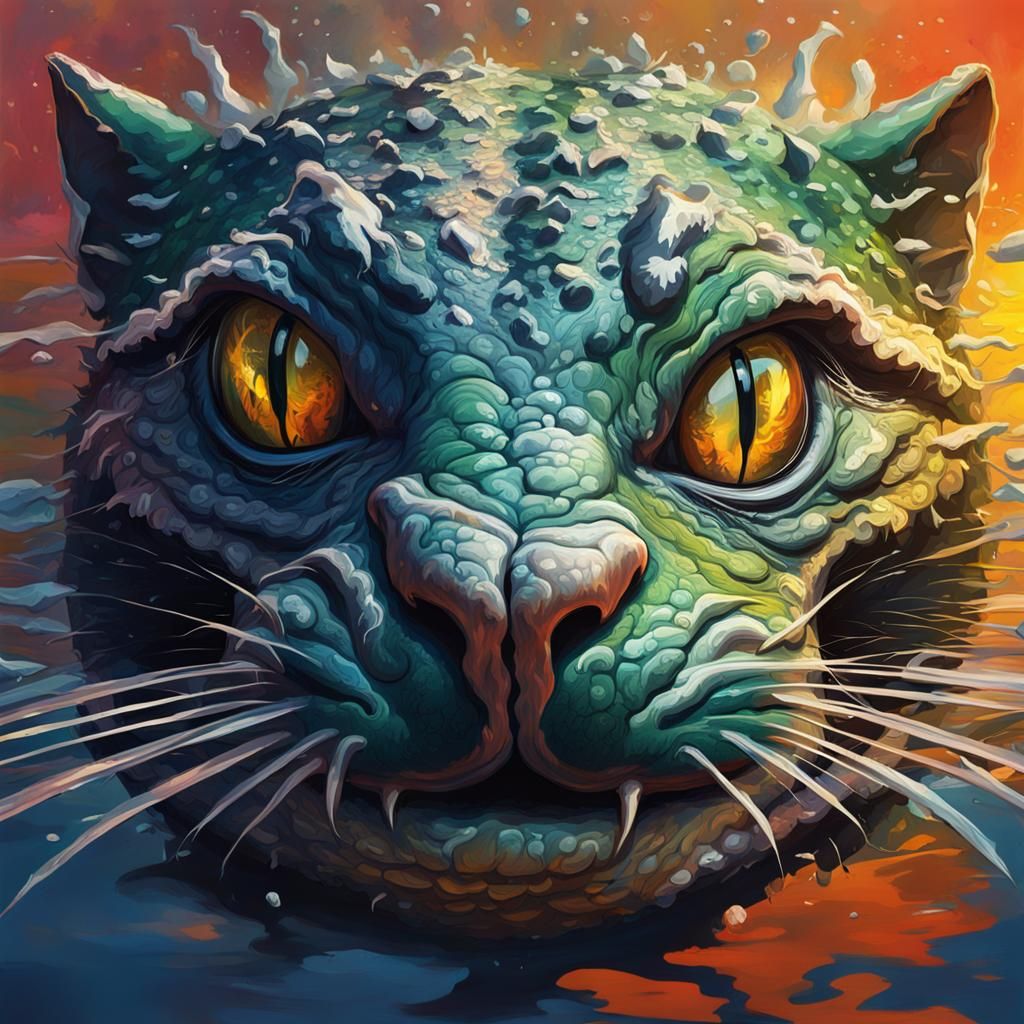 Hyperrealistic Cat Head on Alligator Body