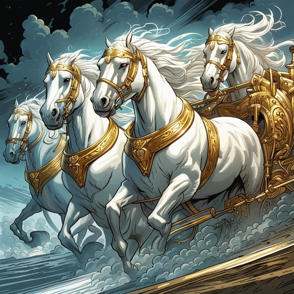 Seven White Horses Pulling Golden Chariot: Comic Book Art