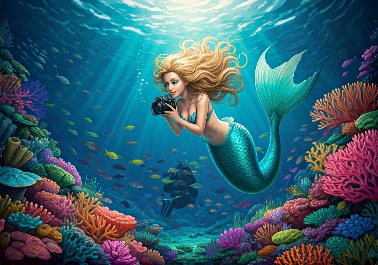 Futuristic Mermaid Investigates Diver in Vibrant Coral Reef