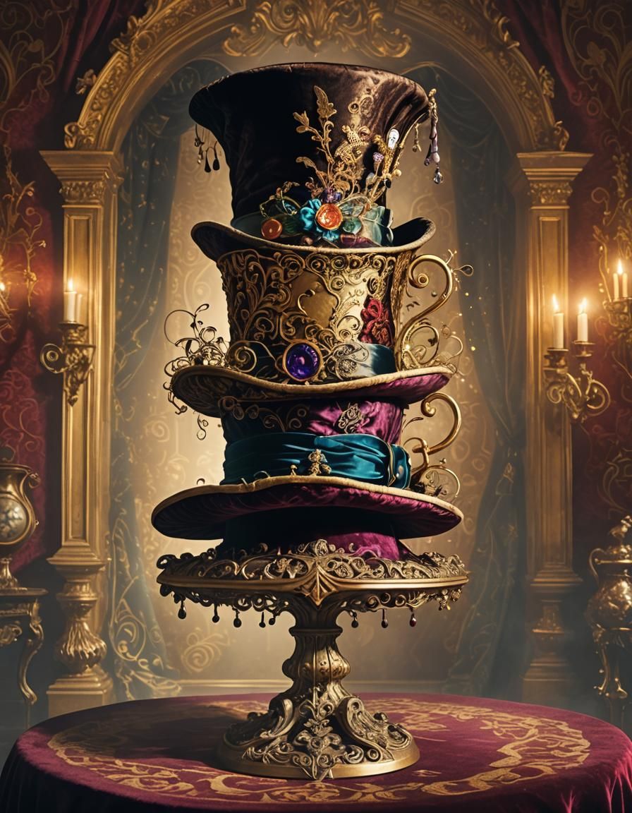 Ornate Mad Hatter Hat in Dreamlike Fantasy Parlor