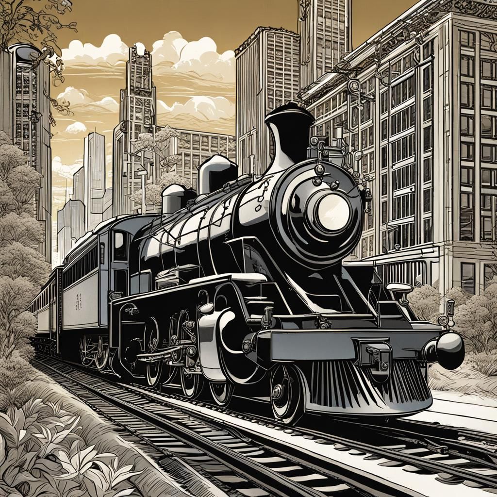 Diesel Electric Train in 1940s Chicago, Comic Book Art