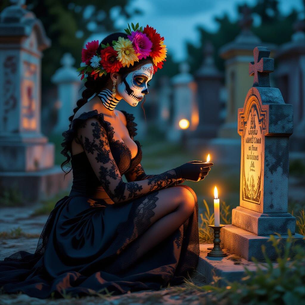 La Catrina in Cemetery, Hyperrealistic Digital Art