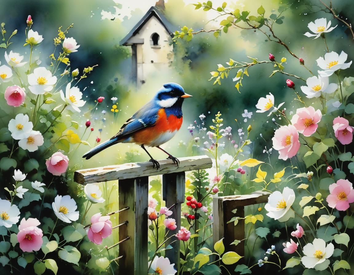 Bird Song in Lush Cottage Garden Watercolor