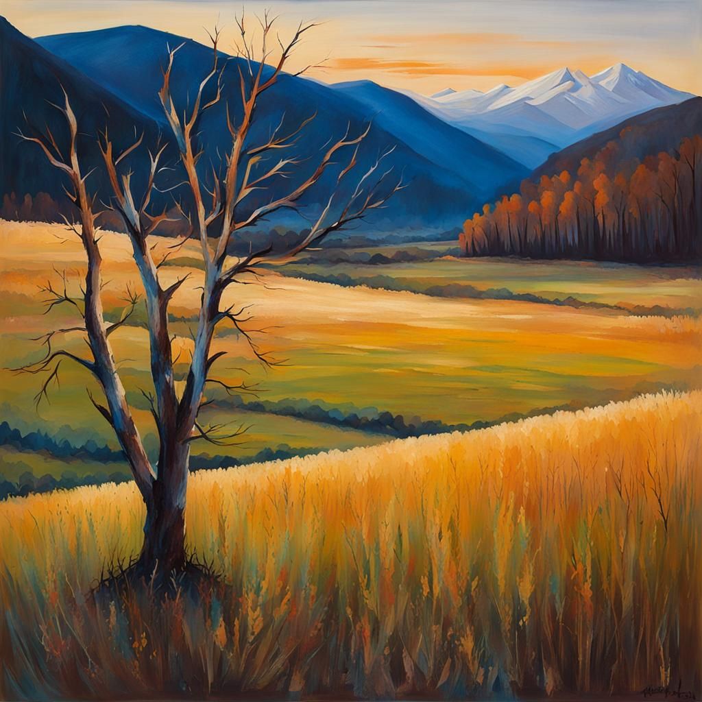 Faint Painting of Dead Tree Field and Mountains
