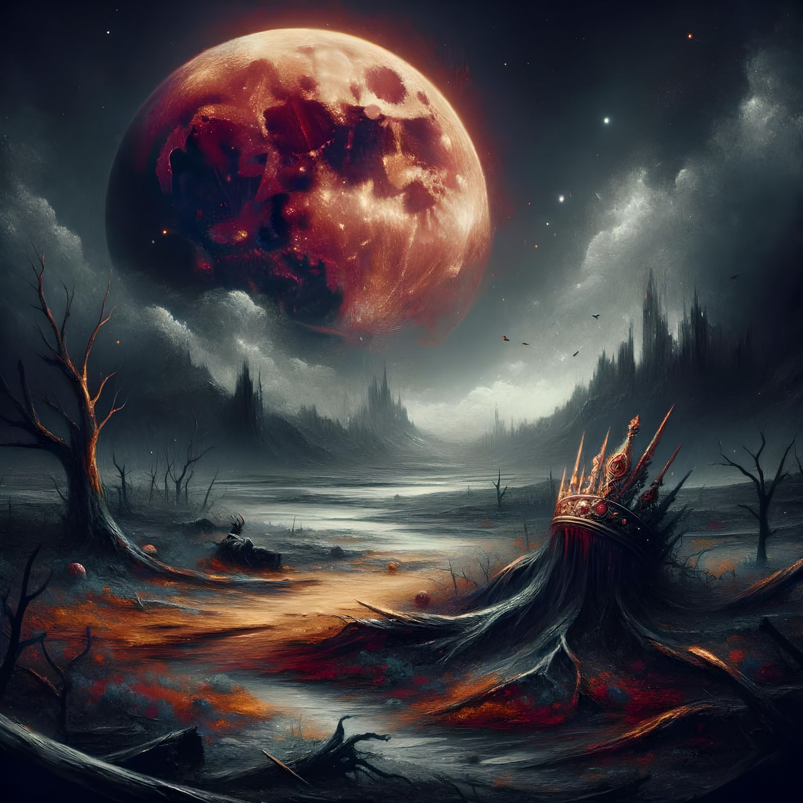 Ominous Crimson Moon Over Desolated Lands