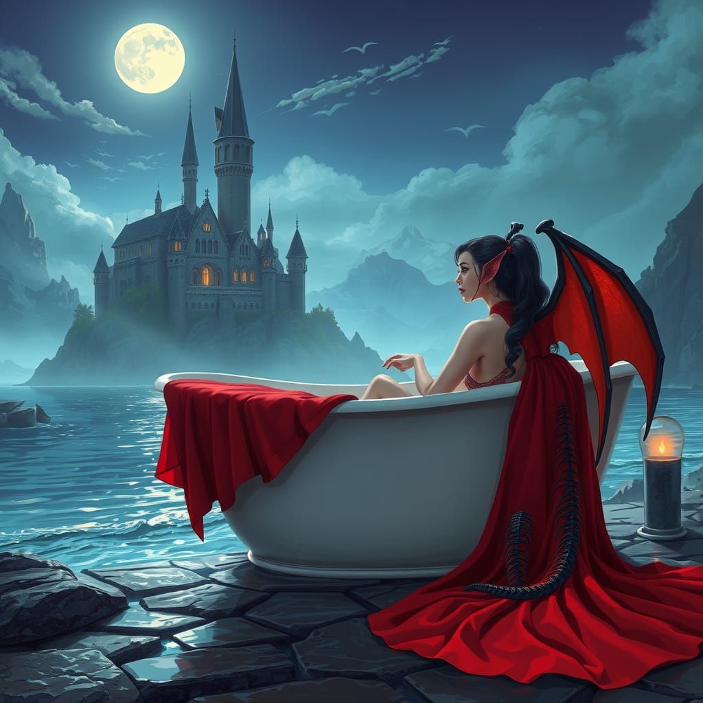 Vampirella's Seaside Bath with Dragon, in Candy Art Style