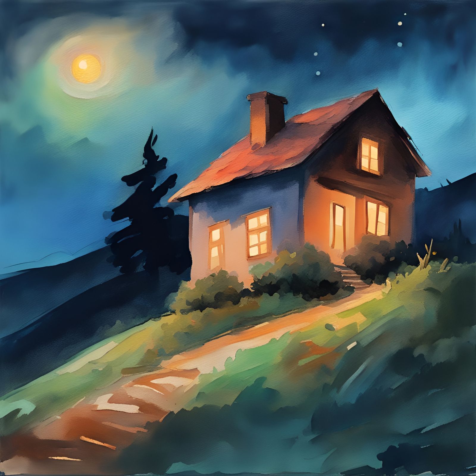 Night House on Hill in Gouache Impressionist Style