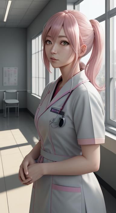 Anime 3D Art of Pink-Haired Nurse in Hospital
