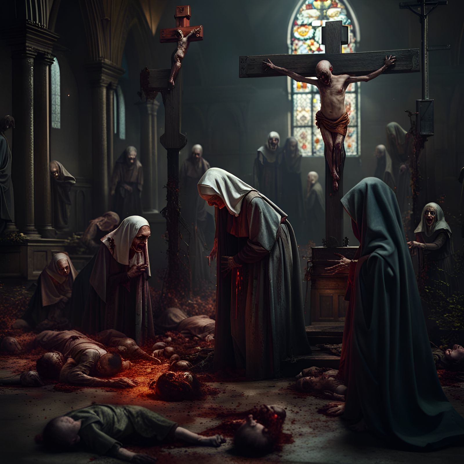 Demonic Nuns Vomiting Zombie Babies, Detailed Matte Painting