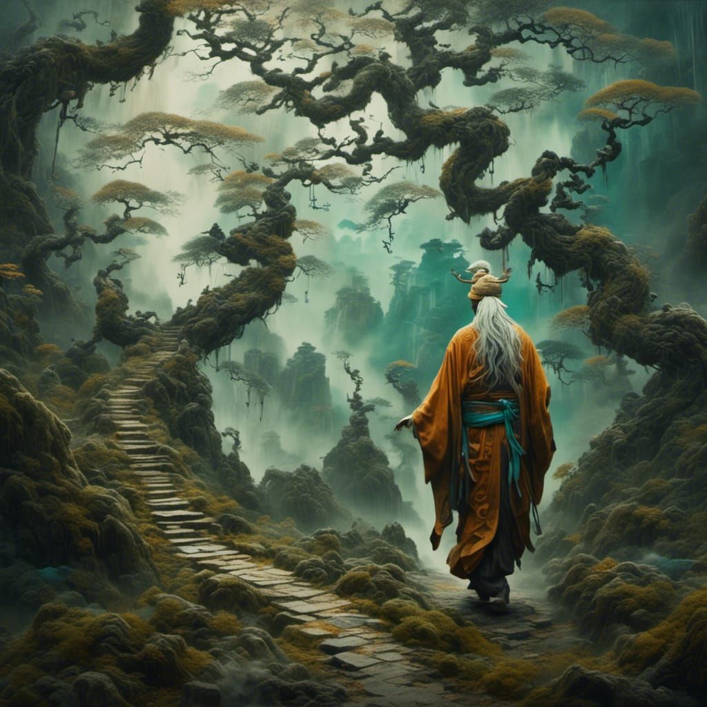 Surreal Yamabushi on Winding Path in Dreamlike Style