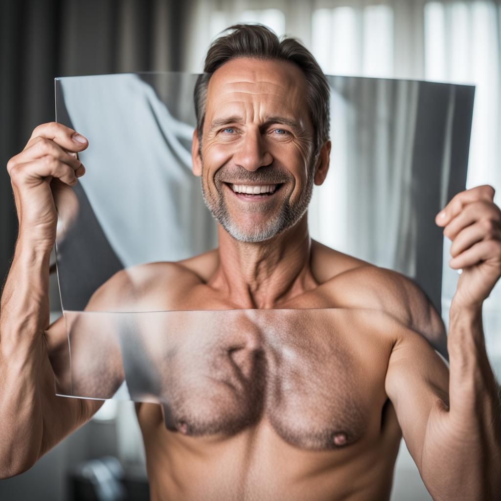 Smiling Man in Transparent Underwear Holding His Photo