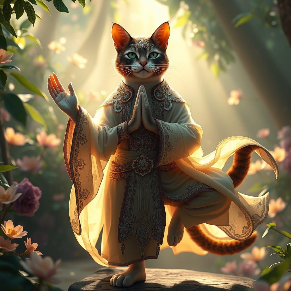 Mystical Feline Yogini in Dreamlike Environment