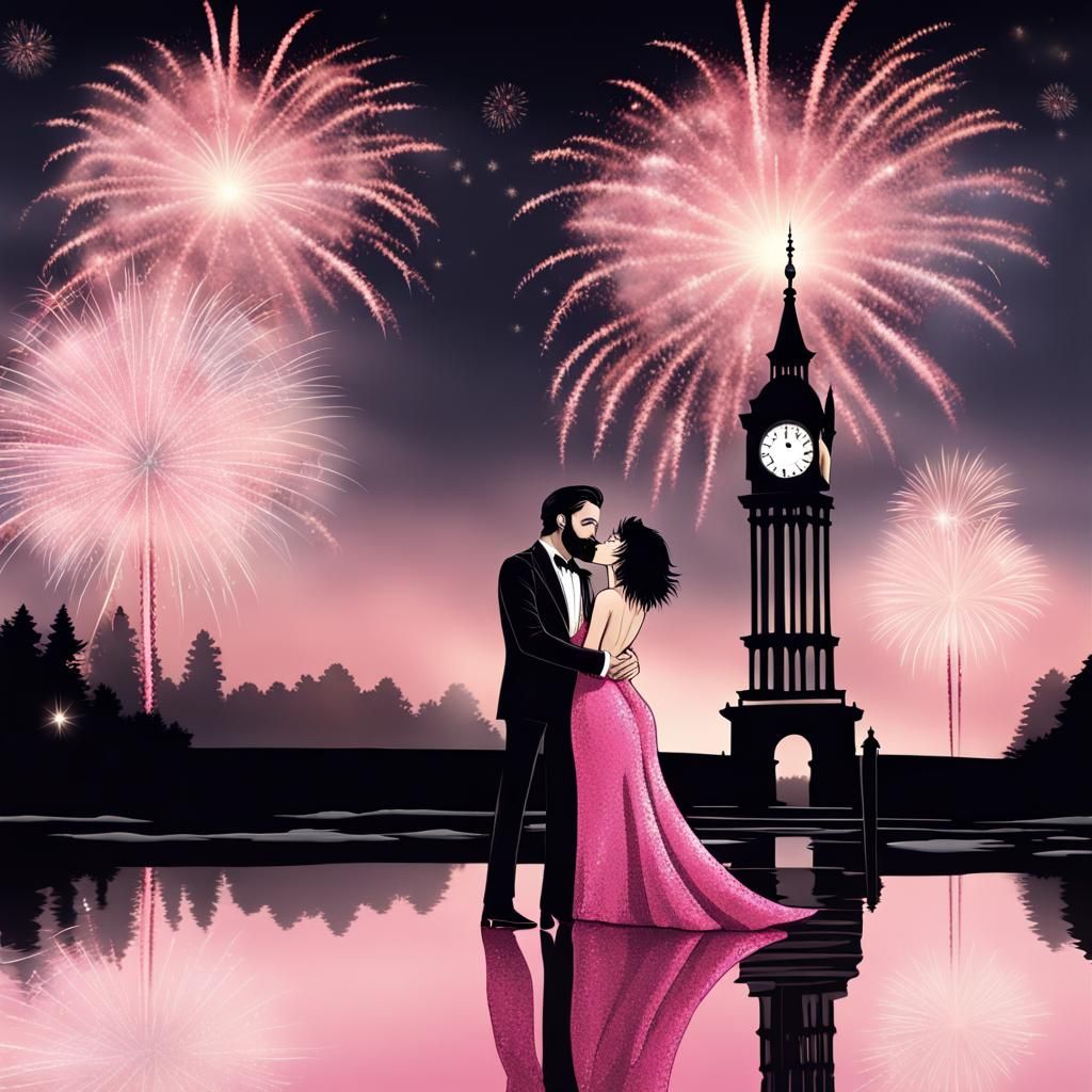 Romantic Midnight Kiss Under Fireworks