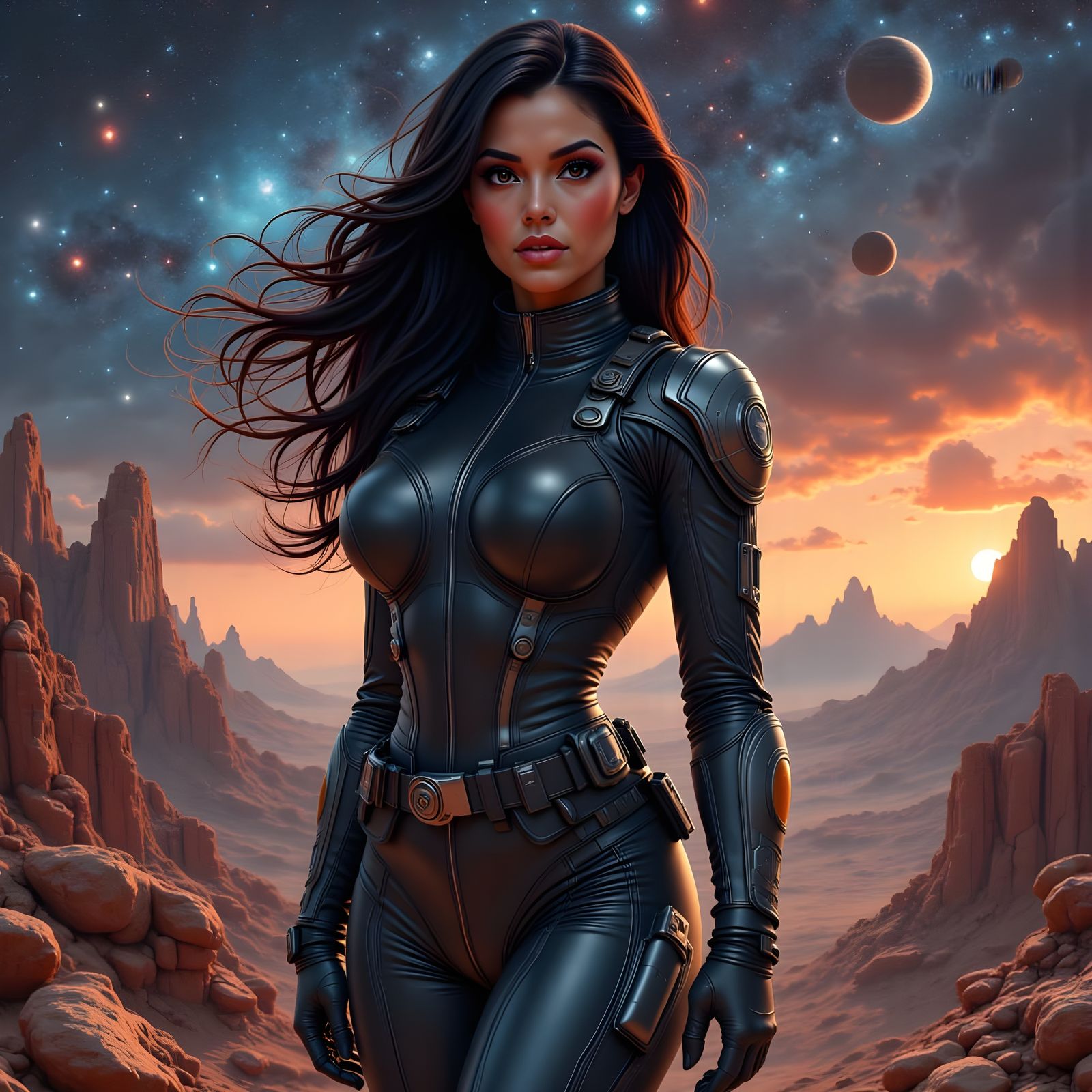 Ethereal Latina Space Pilot Standing on Alien Planet