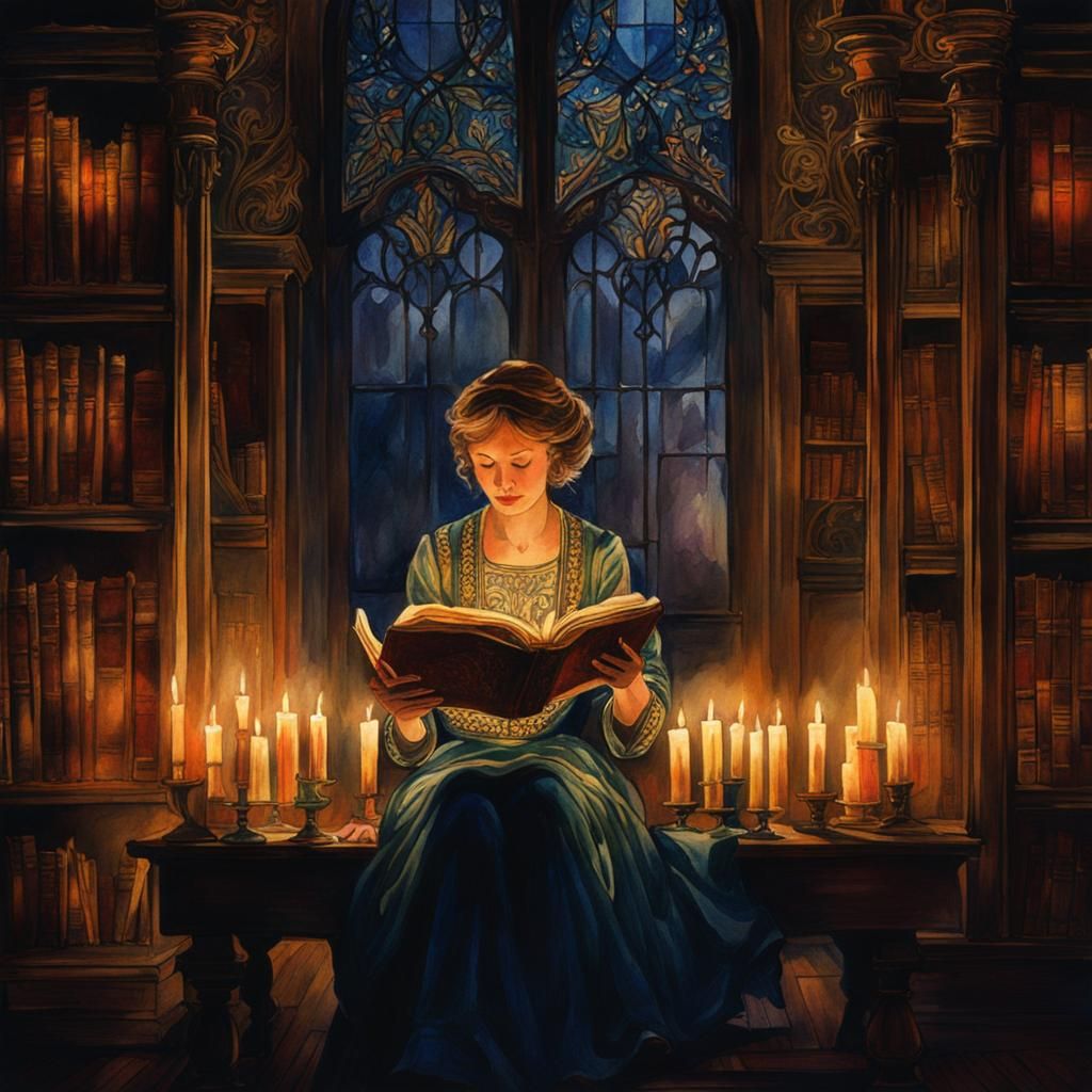 Woman Reading in Library, Art Nouveau Watercolor